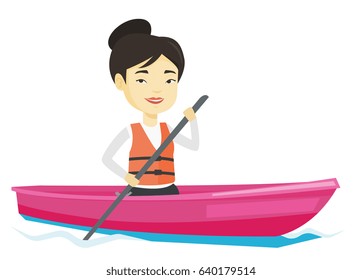 Young asian woman traveling by kayak. Female kayaker paddling. Sportswoman riding in a kayak in the river. Sportswoman paddling a canoe. Vector flat design illustration isolated on white background.