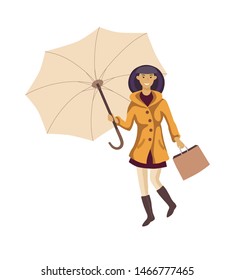Young Asian woman with umbrella and shopping bag. Girl in a yellow coat, cauall style. Flat cartoon style. Vector illustration.
