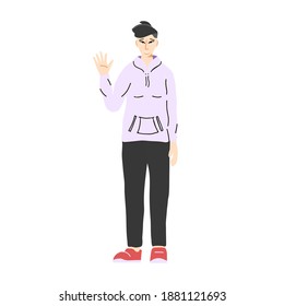 Young asian woman waving hand. Cute young adult in loose hoodie and sweatpants. Modern sport outwear. Flat cartoon vector illustration.