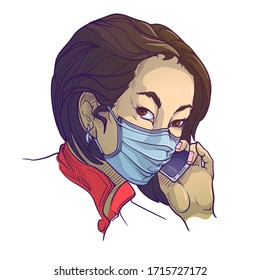 Young Asian woman wearing medical protection face mask and speaking on the phone. Social distancing as a protectionagainst covid-19. Painted sketch, isolated on a white background. EPS10 vector.