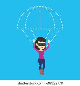 Young asian woman wearing virtual reality glasses and flying with parachute. Excited woman in vr headset having fun while flying in virtual reality. Vector flat design illustration. Square layout.