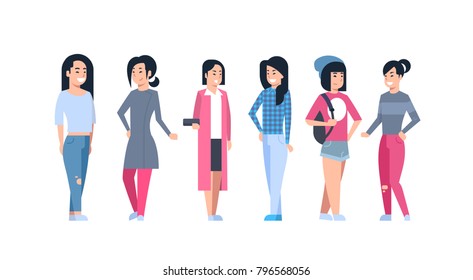 Young Asian Women Icons Set Chinese Or Japanese Female Group Wearing Modern Casual Clothes Full Length Isolated Collection Vector Illustration