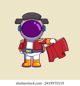 Young Astronaut in bullfighting traditional clothing with red rag is ready to fight with bull of illustration