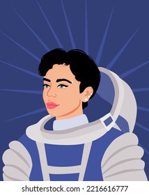 Young Astronaut Female In Spacesuit, And Open Helmet. Detailed Portrait Of Strong Smart Woman Scientist. A Concept Of Feminism And Equality.