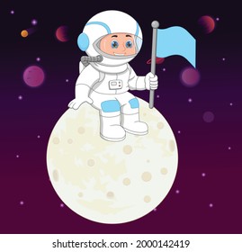 young astronaut on the moon and holding a flag