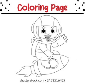 young astronaut riding rocket coloring book page for kids.