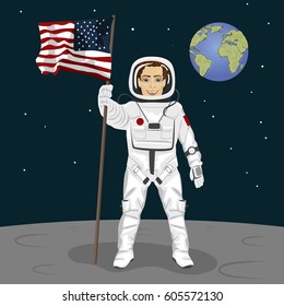 Young astronaut standing on the moon holding usa flag on the backround of earth