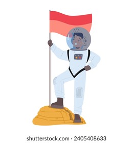 Young Astronaut Stands Proudly On An Alien Planet, Holding A Flag With A Determined Expression, Surrounded By The Unearthly Landscape Of An Unexplored Celestial Body. Cartoon Vector Illustration