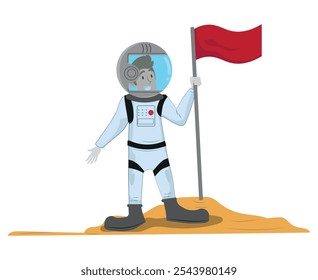 Jovem Astronauta Fica Orgulhosamente Em Um Planeta Estrangeiro, Segurando Uma Bandeira Com Uma Expressão Determinada, Cercado Pela Paisagem Não Realizada De Um Corpo Celeste Inexplorado. Ilustração de vetor de desenhos animados.