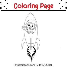 joven astronauta saludando desde el cohete para colorear página de libro para niños. 