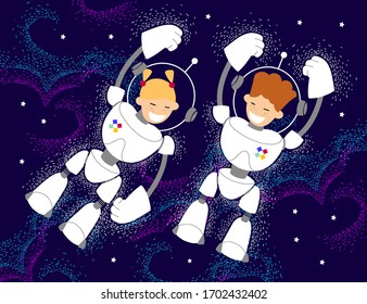 young astronauts conquer space. children fly in outer space to study the starry sky in the cosmic depths. Cute flat decorative vector illustration.
