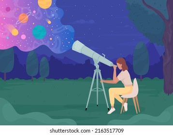 Young astronomer with telescope looking at celestial bodies flat color vector illustration. Science and hobby. Fully editable 2D simple cartoon character with night sky on background