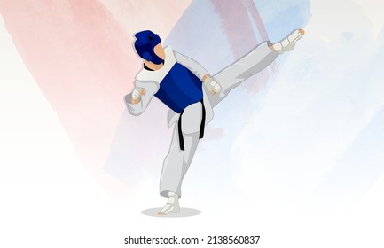 A young athlete in a blue vest and a protective helmet on his head makes a kick in the martial arts of taekwondo. Abstract watercolor background.