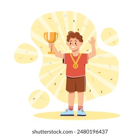 Young athlete boy. Preschooler with golden cup or trophy. Award and reward for winner in run competition. Strongest and fastest sportsman. Cartoon flat vector illustration isolated on white background