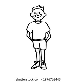A young athlete. A boy in a T-shirt and shorts. A sketch drawn by hand. Vector doodle illustration