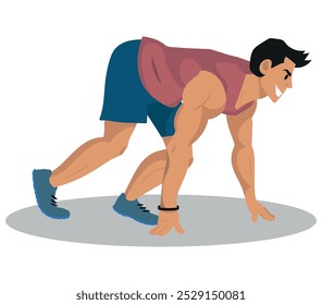 El joven personaje atleta se agacha en una pose inicial baja, músculos tensos, ojos enfocados hacia adelante, listos para explotar en movimiento con una intensidad determinada. Ilustración vectorial de Personas de dibujos animados.