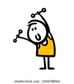 A young athlete does bends with dumbbells during morning exercises. Positive vector illustration of a child doing sports.