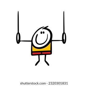 Young athlete is doing a gymnastic exercise, hanging on rings. Vector illustration of sports training with equipment. Hand drawn stick figure character isolated on white background.