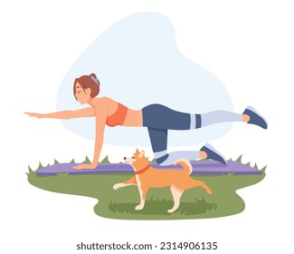 Joven atleta haciendo ejercicio al aire libre en alfombras de yoga. Niña relajada en uso activo realizando ejercicio de perro de pájaro junto con mascota dócil. Ilustración del vector