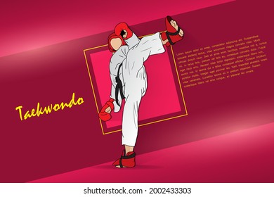 A young athlete in gloves and a boxing helmet is engaged in taekwondo. Abstract red-pink background. 