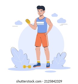 a young athlete guy stands with dumbbells in his hand. vector illustration in a flat style.