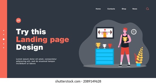 Young athlete holding golden cup and looking at trophies. Picture of boy lifting barbell on wall flat vector illustration. Achievement, sports concept for banner, website design or landing web page