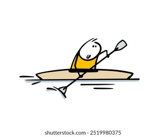 Un joven atleta está haciendo kayak y remando. Ilustración vectorial de competiciones deportivas en el río. Un deporte acuático para la salud y la belleza.