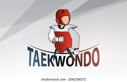 A young athlete in a kimono, protective suit, gloves, helmet is engaged in taekwondo. The logo for the taekwondo school.