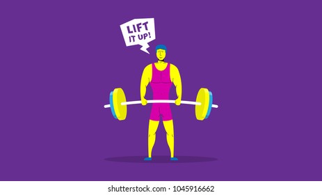 Young athlete lifts barbell vector illustration with purple background. Sportsman does exercises with barbell creative concept. Fitness workout graphic design.