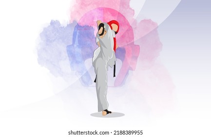 A young athlete makes a kick in martial arts taekwondo. Abstract blue-red background.