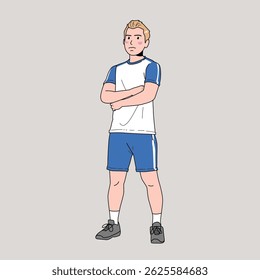 Young athlete male with blonde hair standing with arms crossed