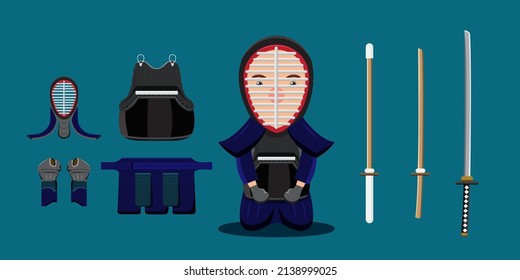 Young athlete man and equipment in fencing training, Headguards, epee, shoe, mask and protective uniform and sword in cartoon style for graphic designer, vector illustration