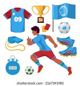 Young Athlete Man Running With Ball And Sportwear, Whistle, Flag, Golden Trophy, Stud Shoes And Warning Card In Cartoon Style, Vector Illustration