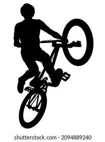 Young athlete on a bike for extreme stunts. Isolated silhouette on a white background