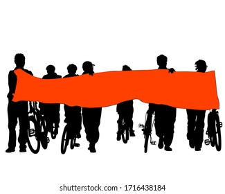 Young athlete on a bike whit red banner. Isolated silhouette on a white background
