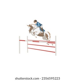 Young athlete on a piebald pony jumps over an obstacle