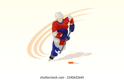 A young athlete on roller skates with a hockey stick run after the puck.