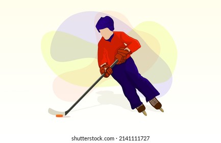 A young athlete roller skates and hockey stick  wearing helmet   protective gloves  Abstract background 