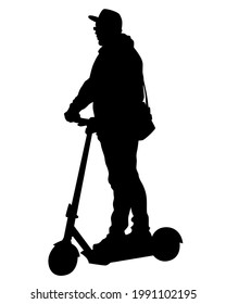 Young athlete on scooter for extreme stunts. Isolated silhouette on a white background