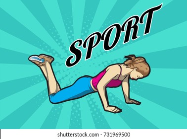 A young athlete performs exercises. Pop art retro vector illustration. Sport and a healthy lifestyle.