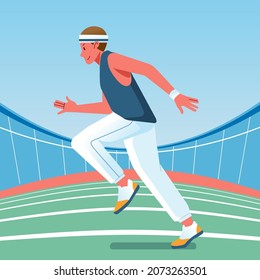a young athlete is practicing running in the stadium flat vector illustration. used for website image, poster and other