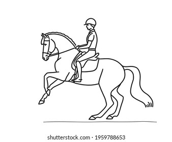 Young athlete riding a horse. The horse stands on hind legs
