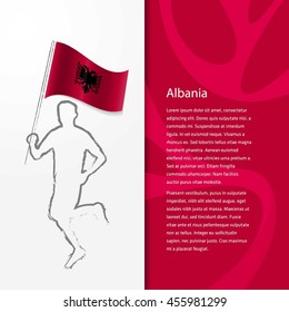 Young athlete running with holding Albania Flag with typography background. . Athlete with Country flag running in Rio olympics background