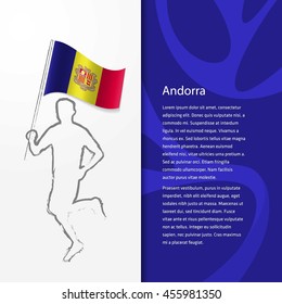 Young athlete running with holding Andorra Flag with typography background. . Athlete with Country flag running in Rio olympics background