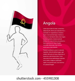 Young athlete running with holding Angola Flag with typography background. . Athlete with Country flag running in Rio olympics background