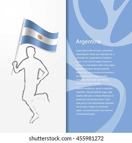 Young athlete running with holding Argentina Flag with typography background. . Athlete with Country flag running in Rio olympics background