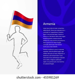 Young athlete running with holding Armenia Flag with typography background. . Athlete with Country flag running in Rio olympics background