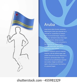 Young athlete running with holding Aruba Flag with typography background. . Athlete with Country flag running in Rio olympics background