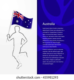 Young athlete running with holding Australia Flag with typography background. . Athlete with Country flag running in Rio olympics background