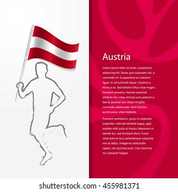 Young athlete running with holding Austria Flag with typography background. . Athlete with Country flag running in Rio olympics background